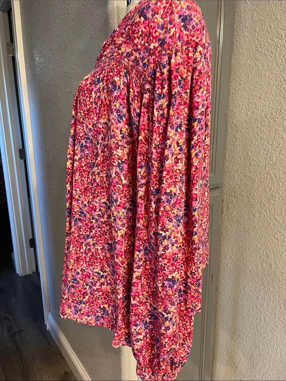Time and Tru Pink Multicolor Floral Peasant Blouse